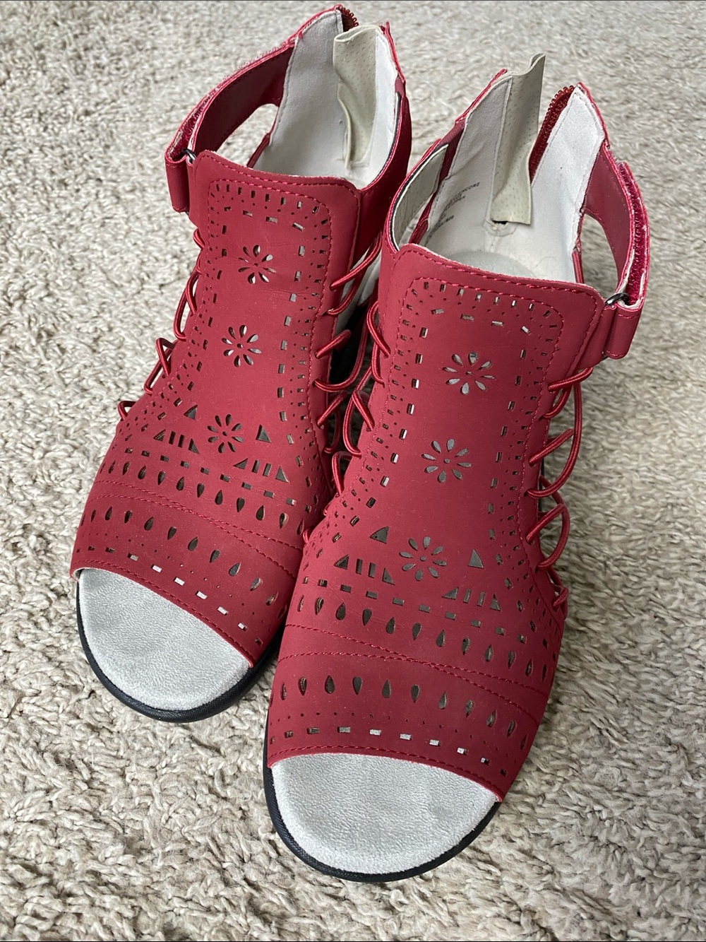 JBU Red Laser-Cut Lace-Up Peep Toe Sandals